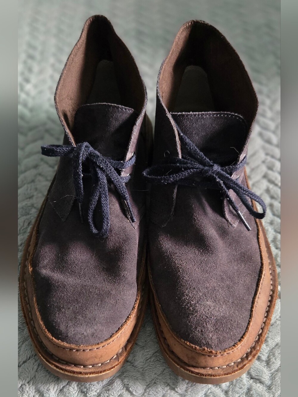 Clarks Navy Suede Chukka Boots with Brown Trim